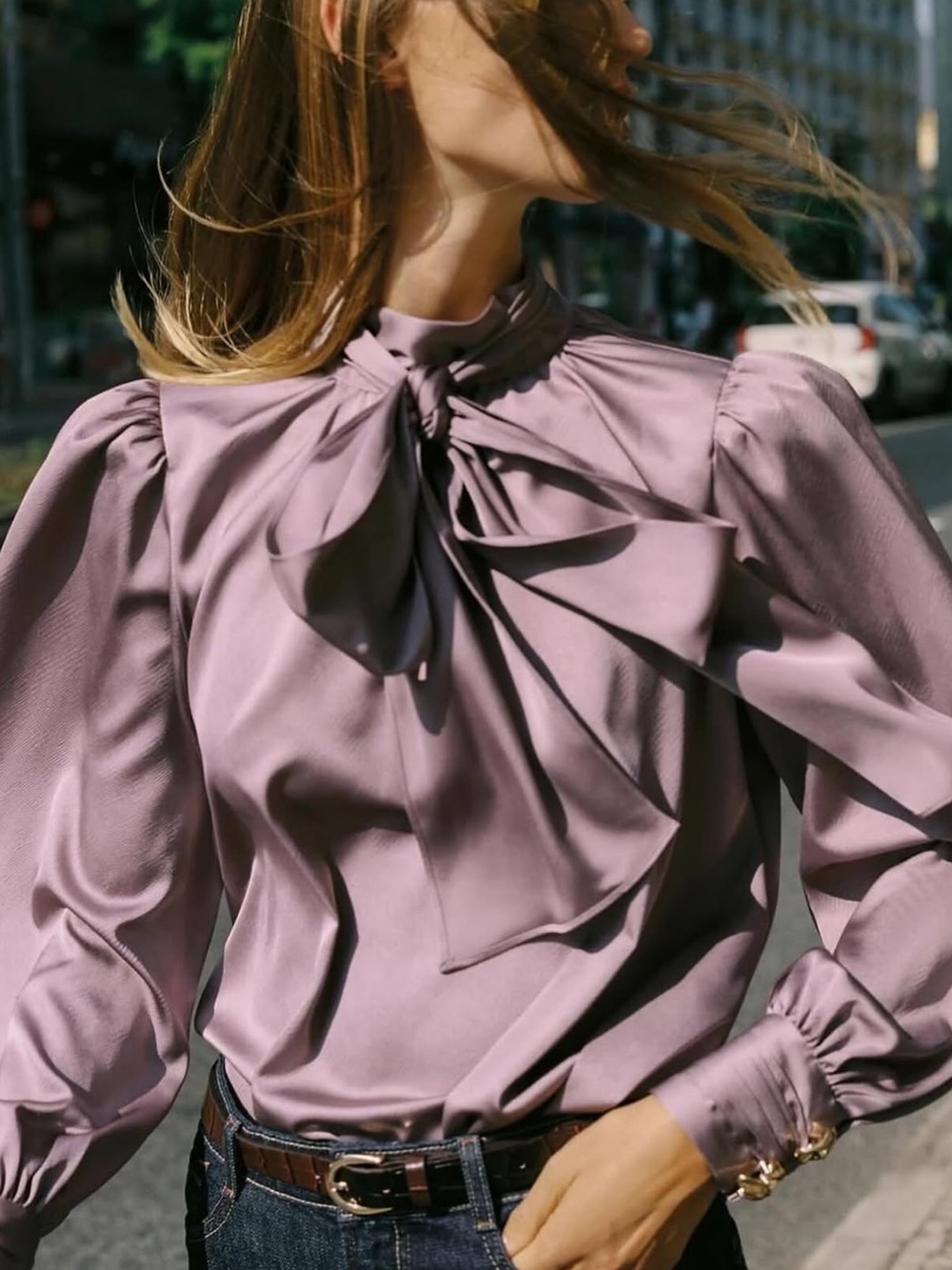 Zara Dusty Lavender Satin Bow-Neck Blouse